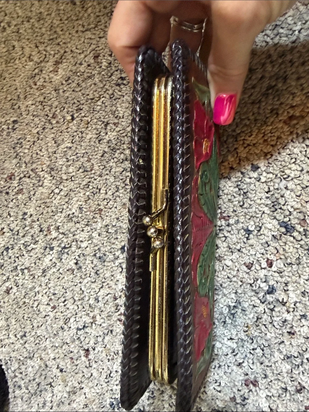 Vintage Hand-Tooled Leather Long Wallet Hand-Painted Red Floral Green Leaf Motif